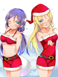 Rule 34 | 10s, 2girls, ayase eli, bad id, bad pixiv id, bare shoulders, blonde hair, blue eyes, blush, breasts, cleavage, dorisu2, green eyes, long hair, looking at viewer, love live!, love live! school idol project, multiple girls, navel, one eye closed, open mouth, ponytail, purple hair, santa costume, smile, tojo nozomi, twintails