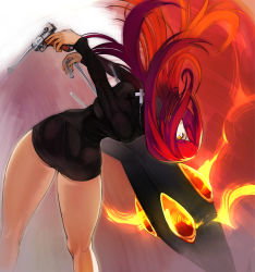 Rule 34 | 1girl, ass, black dress, breasts, covered mouth, cross, cross necklace, dress, dual wielding, eyelashes, fire, glowing, glowing weapon, gun, hair over one eye, handgun, head tilt, highres, holding, holding gun, holding weapon, jewelry, large breasts, leaning back, long hair, long sleeves, looking at viewer, necklace, nishiide kengorou, one eye covered, pantylines, parasoul (skullgirls), red hair, shadow, short dress, skullgirls, solo, standing, umbrella, weapon, yellow eyes