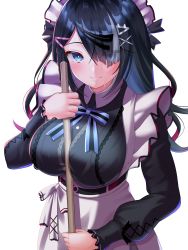 Rule 34 | 1girl, absurdres, apron, between breasts, black hair, blue eyes, blue hair, blue ribbon, blush, braid, breasts, broom, buisen, colored inner hair, dress, eyes visible through hair, frills, grey hair, hair ornament, hair over one eye, hairclip, highres, holding, holding broom, lace, lace-trimmed dress, lace trim, large breasts, long bangs, long hair, long sleeves, looking at viewer, maid, maid headdress, multicolored hair, nekojima, puffy long sleeves, puffy sleeves, red hair, ribbon, side braid, simple background, smile, solo, streaked hair, sweatdrop, transparent background, upper body, virtual youtuber, white apron, white background, yashiki ciel