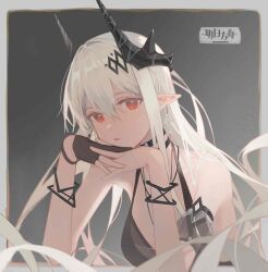 Rule 34 | 1girl, absurdres, arknights, black dress, black gloves, commentary request, copyright name, demon horns, dress, earrings, gloves, grey hair, hair between eyes, hair ornament, halterneck, head rest, highres, horns, jewelry, long hair, looking at viewer, mudrock (arknights), parted lips, partially fingerless gloves, pointy ears, red eyes, shjshhh, single glove, sleeveless, sleeveless dress, solo, upper body