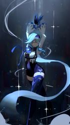 Rule 34 | 1girl, arms up, black footwear, black gloves, black hairband, blue gloves, blue hair, blue necktie, blue thighhighs, bodystocking, boots, breasts, cape, closed eyes, closed mouth, eula (genshin impact), genshin impact, gloves, hair ornament, hairband, highres, laska (572124034), long sleeves, medium breasts, medium hair, multicolored clothes, multicolored gloves, necktie, snowflakes, solo, sparkle background, standing, thigh boots, thigh strap, thighhighs, thighs, vision (genshin impact)