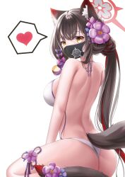 Rule 34 | 1girl, absurdres, animal ear fluff, animal ears, bikini, black hair, blue archive, blush, breasts, flower, fox ears, fox girl, fox tail, hair flower, hair ornament, halo, highres, large breasts, long hair, looking at viewer, mask, mouth mask, shira jun, smile, solo, swimsuit, tail, thigh strap, wakamo (blue archive), wakamo (swimsuit) (blue archive), white bikini, yellow eyes