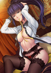 Rule 34 | 1girl, adjusting hair, bed, black eyes, black panties, black thighhighs, blunt bangs, bow, bow panties, breasts, curtains, dressing, female focus, garter belt, garter straps, hayate (leaf98k), large breasts, lingerie, long hair, mouth hold, narberal gamma, navel, no bra, open clothes, open shirt, overlord (maruyama), panties, pillow, ponytail, purple hair, ribbon, shirt, sitting, solo, stomach, thighhighs, tying hair, unbuttoned, underwear, yellow ribbon
