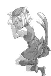 Rule 34 | 1girl, animal ears, cat ears, cat tail, chen, greyscale, hat, looking at viewer, looking back, monochrome, multiple tails, paw pose, piiko (aa doushiyou), short hair, simple background, smile, solo, tail, touhou, v-shaped eyebrows, white background
