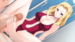 Rule 34 | 1boy, 1girl, amami taito, bare shoulders, barefoot, blonde hair, blue eyes, blush, breasts, cameltoe, censored, cleavage, cleavage cutout, clothing cutout, feet, footjob, game cg, hetero, hitozuma swimming club, ino (magloid), interheart, kayashima aki, large breasts, legs, long hair, looking down, mosaic censoring, navel, penis, sitting, smile, solo focus, swimsuit, thighs, toes, two-footed footjob