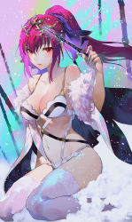 Rule 34 | 1girl, absurdres, bare shoulders, blush, bow, bra, breasts, brown eyes, cleavage, collarbone, fate/grand order, fate (series), fur trim, hair bow, high ponytail, highres, holding, holding wand, lance, navel, panties, parted lips, pink lips, polearm, purple bow, purple hair, salmon88, scathach (fate), scathach skadi (fate), scathach skadi (third ascension) (fate), sitting, snow, solo, thighhighs, tiara, underwear, wand, wariza, weapon, white bra, white panties, white thighhighs