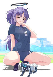 Rule 34 | 1girl, absurdres, black footwear, black shirt, blue archive, blue buruma, buruma, closed eyes, commentary request, gym uniform, highres, lanyard, long hair, maxwelzy, official alternate costume, open mouth, outdoors, purple hair, shirt, short sleeves, sidelocks, spread legs, squatting, sweat, thighs, track and field, two side up, wavy mouth, yuuka (blue archive), yuuka (track) (blue archive)