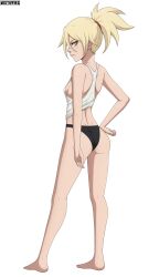 Rule 34 | 1girl, absurdres, ass, barefoot, black panties, bleach, blonde hair, breasts, closed mouth, fang, freckles, full body, hand on own hip, highres, looking at viewer, mistowing, no bra, orange eyes, panties, ponytail, sarugaki hiyori, shirt, short hair, shoulder blades, sideboob, simple background, small breasts, solo, underwear, white background, white shirt