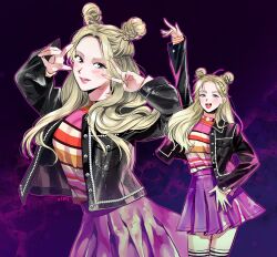 Rule 34 | 1girl, black jacket, blonde hair, commentary request, cowboy shot, cropped jacket, double bun, double v, eunha (gfriend), gfriend, hair bun, highres, izzi315, jacket, korean commentary, long hair, looking at viewer, multiple views, pink lips, purple background, purple skirt, skirt, smile, thighhighs, v, yellow nails