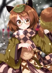 Rule 34 | 1girl, animal ears, blush, brown eyes, brown hair, checkered clothes, checkered scarf, futatsuiwa mamizou, glasses, green kimono, highres, japanese clothes, kimono, leaf, leaf on head, long sleeves, parted lips, raccoon ears, raccoon tail, round eyewear, ruu (tksymkw), scarf, short hair, snow, solo, tail, touhou, upper body, wide sleeves