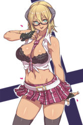 Rule 34 | 1girl, :p, armlet, belt, between breasts, black bra, black thighhighs, blonde hair, blush, bra, breasts, breasts out, cleavage, fingerless gloves, front-tie top, glasses, gloves, green eyes, groin, heart, horns, houtengeki, lace, lace-trimmed bra, lace trim, large breasts, midriff, navel, necktie, necktie between breasts, original, panties, panty pull, school uniform, shiny skin, shirt, short hair, skindentation, skirt, smile, solo, thighhighs, tied shirt, tongue, tongue out, underwear, zettai ryouiki