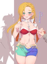 Rule 34 | 1boy, 1girl, asymmetrical bangs, blonde hair, blush, breasts, calamity jane (fate), collarbone, command spell, cropped jacket, earrings, fate/grand order, fate (series), highres, holding hands, hoop earrings, ishtar (fate), jacket, jewelry, long sleeves, looking at viewer, medium breasts, midriff, mitsurugi sugar, navel, open clothes, open jacket, short shorts, shorts, sleeveless, sleeveless jacket, smile, space ishtar (fate), space ishtar (second ascension) (fate), standing, stomach, tagme, translation request, twitter username