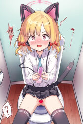 Rule 34 | !?, 1girl, animal ear headphones, animal ears, black thighhighs, blonde hair, blue archive, blue necktie, blush, bow, cat ear headphones, cat tail, caught, censored, collared shirt, embarrassed, fake animal ears, fang, hair bow, halo, haniwa (statue), headphones, heart, heart censor, holding, momoi (blue archive), necktie, no panties, open mouth, parted bangs, pink eyes, pleated skirt, shirt, shokupan (slvk12), skirt, solo, surprised, suspender skirt, suspenders, tail, tail raised, thighhighs, toilet, wavy mouth