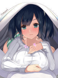 Rule 34 | 1girl, 1other, black hair, blanket, blue eyes, breasts, commentary request, green panties, hair ribbon, highres, implied paizuri, kantai collection, large breasts, looking at viewer, lying, on stomach, one-hour drawing challenge, panties, ribbed sweater, ribbon, short hair, souryuu (kancolle), striped clothes, striped panties, sweater, takase muh, twintails, twitter username, under covers, underwear, white sweater