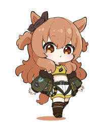 Rule 34 | 1girl, :o, animal ears, black ribbon, blush, bow, brown eyes, brown footwear, brown hair, brown thighhighs, colored shadow, commentary request, crop top, dog tags, ear ribbon, fur-trimmed jacket, fur trim, green jacket, hair between eyes, highres, horse ears, horse girl, horse tail, jacket, long hair, long sleeves, looking at viewer, mayano top gun (umamusume), midriff, navel, nozo (hitomiz), off shoulder, open clothes, open jacket, parted lips, puffy long sleeves, puffy sleeves, ribbon, shadow, shirt, shoes, shorts, simple background, sleeveless, sleeveless shirt, sleeves past wrists, solo, sweat, tail, thighhighs, two side up, umamusume, very long hair, white background, white shorts, yellow shirt