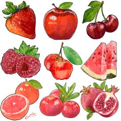 Rule 34 | apple, berry, cherry, food, food focus, fruit, highres, miri illust, no humans, original, pomegranate, red apple, simple background, strawberry, watermelon, watermelon slice, white background