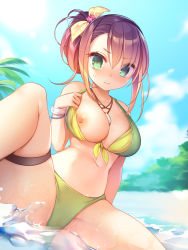 Rule 34 | 1girl, beach, bikini, blue sky, bracelet, breasts, brown hair, cleavage, closed mouth, collarbone, commentary request, day, flower, green bikini, green eyes, hair between eyes, hair flower, hair ornament, highres, jewelry, large breasts, mg kurino, navel, necklace, nipple slip, nipples, original, outdoors, palm tree, pulled by self, sidelocks, sitting, sky, solo, spread legs, swimsuit, thigh strap, thighs, tree, wet