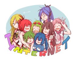Rule 34 | 2boys, 6+girls, bare shoulders, blonde hair, blue eyes, blue hair, brown eyes, brown hair, chika (vocaloid), choker, closed eyes, company connection, crossed arms, cul, eel hat, everyone, goggles, goggles on head, green hair, gumi, headphones, hug, kamui gakupo, kokone (vocaloid), lily (vocaloid), long hair, mi no take, multiple boys, multiple girls, necktie, otomachi una, pink hair, ponytail, purple hair, red hair, ryuuto (vocaloid), short hair, short ponytail, short sleeves, smile, striped necktie, striped neckwear, twitter username, v, vocaloid, wavy hair