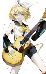 Rule 34 | 1girl, absurdres, angry, black shorts, blonde hair, blue eyes, bow, chromatic aberration, detached sleeves, electric guitar, eyelashes, gibson les paul, guitar, hair bow, hair ornament, hairclip, headset, highres, instrument, kagamine rin, looking at viewer, neckerchief, open mouth, playing guitar, ribbon, sailor collar, shiruru531, short hair, shorts, solo, standing, tears, vocaloid, white background, yellow nails, yellow neckerchief
