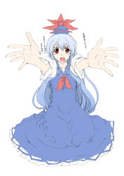Rule 34 | 1girl, absurdres, blue hair, dress, elf (stroll in the woods), female focus, foreshortening, hat, highres, hmx99 elf, kamishirasawa keine, long hair, open mouth, red eyes, simple background, solo, touhou, translation request, white background