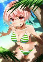 Rule 34 | 1girl, beach, bikini, fang, haruhi3, kurogoma (haruhi3), original, pink hair, red eyes, short hair, striped bikini, striped clothes, swimsuit