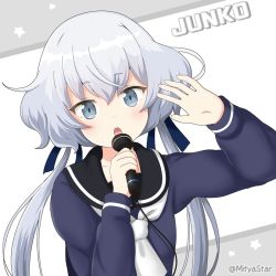 Rule 34 | 10s, 1girl, arm up, black sailor collar, blue ribbon, blue shirt, blush, character name, commentary request, grey background, grey eyes, hair between eyes, hair ribbon, hand up, head tilt, holding, holding microphone, konno junko, long hair, long sleeves, looking at viewer, low twintails, microphone, mitya, open mouth, ribbon, sailor collar, shirt, silver hair, sleeves past wrists, solo, star (symbol), teeth, twintails, twitter username, two-tone background, upper body, upper teeth only, very long hair, white background, white neckwear, zombie land saga