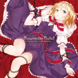 Rule 34 | 1girl, album cover, alice margatroid, blonde hair, blue eyes, buriki, chain, cover, english text, female focus, looking at viewer, lowres, lying, on back, outstretched arms, short hair, solo, spread arms, touhou, wrist cuffs, wristband