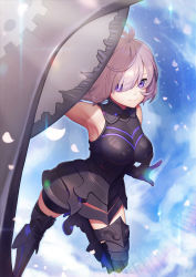 Rule 34 | 1girl, absurdres, armored boots, armored leotard, armpits, black footwear, black leotard, boots, breasts, breasts apart, fate/grand order, fate (series), gloves, hair between eyes, highres, leg up, leotard, looking at viewer, mash kyrielight, medium breasts, purple eyes, shield, short hair, silver hair, sleeveless, smile, solo, thigh boots, thigh strap, thighhighs, y.i. (lave2217)