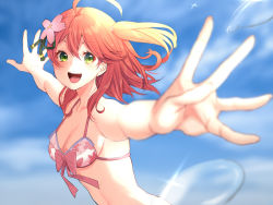 Rule 34 | 1girl, :d, ahoge, bikini, blue sky, blurry, breasts, cleavage, depth of field, eyelashes, flower, flower on head, green eyes, hair ribbon, halterneck, hololive, looking at viewer, medium breasts, medium hair, mikan (chipstar182), open mouth, outstretched arms, outstretched hand, pink hair, raised eyebrows, ribbon, sakura miko, sakura miko (hololive summer 2019), sky, smile, solo, spaghetti strap, string bikini, summer, swimsuit, t-pose, upper body, v-shaped eyebrows, virtual youtuber