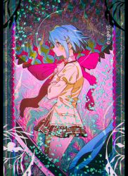 Rule 34 | 1girl, abstract background, bare legs, blue eyes, blue hair, border, bow, bowtie, brown skirt, chromatic aberration, commentary, cowboy shot, dated, english commentary, from side, hair ornament, hairclip, hands on own chest, haun, juliet sleeves, long sleeves, mahou shoujo madoka magica, mahou shoujo madoka magica (anime), miki sayaka, mitakihara school uniform, oktavia von seckendorff, own hands clasped, own hands together, pink background, plaid, plaid skirt, pleated skirt, profile, puffy sleeves, red bow, red bowtie, school uniform, shirt, short hair, sidelocks, skirt, tearing up, yellow shirt
