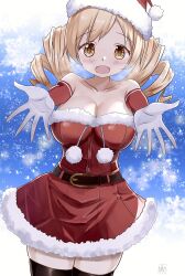 Rule 34 | 1girl, alternate costume, bare shoulders, black thighhighs, blonde hair, blush, breasts, christmas, cleavage, commentary request, dress, drill hair, fur-trimmed dress, fur trim, gloves, hat, highres, large breasts, long hair, mahou shoujo madoka magica, mahou shoujo madoka magica (anime), nagare (flow), open mouth, red dress, red hat, santa costume, santa hat, thighhighs, tomoe mami, twin drills, white gloves, yellow eyes, zettai ryouiki