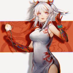 Rule 34 | 1girl, absurdres, arknights, bare shoulders, breasts, china dress, chinese clothes, cowboy shot, dress, drop shadow, flower, hands up, highres, holding, holding flower, horns, large breasts, long hair, looking at viewer, multicolored hair, nian (arknights), nian (unfettered freedom) (arknights), nuez, official alternate costume, open mouth, ponytail, purple eyes, red eyes, rose, sleeveless, sleeveless dress, solo, standing, streaked hair, white dress, white flower, white hair, white rose