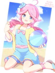 Rule 34 | 1girl, ahoge, ball, beach, beachball, blue dress, blue eyes, blue flower, blue shorts, blush, bow, curly hair, dated, dress, earrings, fingernails, flower, hair flower, hair ornament, happy birthday, hibiscus, highres, holding, holding ball, jacket, jazz grace, jewelry, long hair, looking at viewer, open mouth, pink bow, pink hair, puyopuyo, puyopuyo fever, raffina (puyopuyo), sandals, shorts, shorts under dress, sitting, solo, wariza, yellow jacket