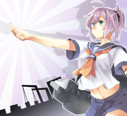 Rule 34 | 10s, 1girl, ahoge, aoba (kancolle), arm up, asagi-so, bad id, bad pixiv id, blue eyes, crop top, crop top overhang, kantai collection, midriff, navel, outstretched arm, purple hair, sailor collar, scrunchie, short hair, short ponytail, shorts, solo, sunburst