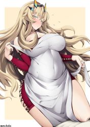Rule 34 | 1girl, apron, bare shoulders, blonde hair, breasts, choker, cleavage, collarbone, covered navel, cross-laced clothes, barghest (fate), fate/grand order, fate (series), flying sweatdrops, green eyes, horns, jewelry, large breasts, lips, long hair, long sleeves, looking at viewer, neck ring, off-shoulder shirt, off shoulder, red shirt, shirt, solo, thighs, unadon, white apron