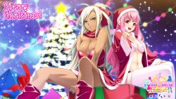 Rule 34 | 2girls, 3ping lovers!, 3ping lovers! ippu nisai no sekai e youkoso, :d, alice (3ping), alice erzan, alternate costume, antenna hair, back-to-back, bare shoulders, belt, between legs, blush, boots, bow, box, bra, breasts, christmas, christmas lights, christmas ornaments, christmas tree, cleavage, company name, copyright name, dark-skinned female, dark skin, english text, footprints, fray, fray ringgit, fur trim, gift, gift box, glowing, green eyes, hair bow, halftone, hand between legs, hand on own thigh, happy, hat, heart, high ponytail, highres, huge breasts, ino (magloid), large breasts, light smile, lights, lips, lipstick, logo, long hair, long sleeves, magic circle, makeup, merry christmas, miniskirt, multiple girls, navel, night, night sky, official art, official wallpaper, open clothes, open mouth, pink eyes, pink hair, pink lips, ponytail, red eyes, red footwear, red skirt, ribbon, santa costume, santa hat, scarf, shiny skin, sideboob, sidelocks, sitting, skirt, sky, sleeves past wrists, smile, snow, snowing, sparkle, spread legs, star (sky), star (symbol), strapless, swept bangs, thighhighs, tree, tube top, underwear, very long hair, wallpaper, wavy hair, white bra, white hair, white legwear, wide sleeves