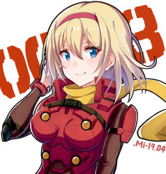 Rule 34 | 1girl, blonde hair, blue eyes, breasts, character name, commentary request, cyborg, cyborg 009, francoise arnoul, hair between eyes, hairband, highres, kuroten, looking at viewer, medium breasts, red hairband, scarf, short hair, simple background, smile, solo, upper body, white background, yellow scarf