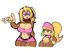 Rule 34 | 2girls, age difference, annoyed, ape, belly, blonde hair, blue eyes, bottomless, breasts, candy kong, cleavage, colored skin, curvy, dixie kong, donkey kong (series), donkey kong 64, earrings, eks-out, fellatio gesture, green eyes, hand on own hip, hat, headphones, height difference, highres, jewelry, large breasts, long hair, midriff, monkey girl, multiple girls, navel, nintendo, ponytail, shiny skin, shorts, shortstack, sidelocks, small breasts, smile, strapless, thick thighs, thighs, tube top, wide hips