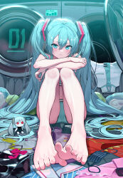 :t absurdres aqua_bra aqua_eyes aqua_hair aqua_panties blush bra character_doll commentary_request copyright_request crossed_arms feet foreshortening hatsune_miku highres kabu_(niniko2ko) long_hair panties rabbit_hole_(vocaloid) straight-on sweat twintails underwear underwear_only unworn_leotard vampire_(vocaloid) very_long_hair vocaloid washing_machine zombie_(vocaloid)