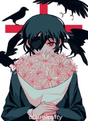 Rule 34 | 1girl, artist name, bird, black hair, black jacket, bouquet, chainsaw man, claireiosity, covered mouth, crow, eyepatch, flower, formal, himeno (chainsaw man), holding, holding bouquet, jacket, looking at viewer, red eyes, red theme, shirt, short hair, simple background, solo, suit, suit jacket, tombstone, white background, white shirt