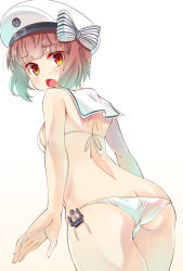 Rule 34 | 10s, 1girl, ass, bikini, blush, breasts, brown hair, butt crack, eyebrows, from behind, hat, highres, imu sanjo, kantai collection, looking at viewer, looking back, open mouth, red eyes, red hair, sailor bikini, sailor collar, sailor hat, short hair, simple background, small breasts, solo, swimsuit, trefoil, white background, white bikini, white hat, z3 max schultz (kancolle)