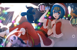 Rule 34 | 1girl, :d, air bubble, alternate costume, barefoot, belt, belt buckle, blue eyes, blue hair, blush, box, bright pupils, brown belt, bubble, buckle, capelet, carrying over shoulder, christmas, christmas lights, commentary request, creatures (company), fur-trimmed capelet, fur trim, game freak, gen 7 pokemon, gift, gift box, hairband, hat, holding, holding gift, lana (pokemon), letterboxed, looking at viewer, nintendo, open mouth, pants, pokemon, pokemon (creature), pokemon sm, popplio, red capelet, red hat, red pants, red shirt, ryuuguu yassuu, sack, santa costume, santa hat, shirt, short hair, smile, wishiwashi, wishiwashi (solo), yellow hairband