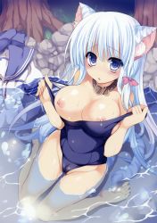 Rule 34 | 1girl, :o, absurdres, animal ears, barefoot, blue eyes, blue hair, blush, breasts, cameltoe, choker, cleavage, cleft of venus, feet, highleg, highleg swimsuit, highres, large breasts, long hair, looking at viewer, matching hair/eyes, nipple slip, nipples, one-piece swimsuit, original, river, sanshoku amido, school swimsuit, school uniform, serafuku, sitting, solo, sweat, swimsuit, tail, tiger ears, tiger tail, wariza, wet, wet clothes