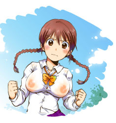 Rule 34 | 1girl, angry, blush, bow, bowtie, braid, breasts, brown eyes, brown hair, clenched hand, clenched hands, covered erect nipples, large breasts, long sleeves, nipples, no bra, nyannyannyan!, ogawa hidari, original, see-through, see-through shirt, shirt, solo, straining buttons, taut clothes, taut shirt, twin braids, upper body, wet, wet clothes, wet shirt