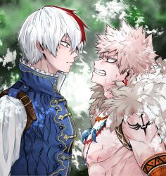Rule 34 | 2boys, angry, arm tattoo, bakugou katsuki, bk baku3, blonde hair, blue eyes, boku no hero academia, cape, ear piercing, elbow sleeve, fur-trimmed cape, fur trim, height difference, jewelry, male focus, multicolored hair, multiple boys, muscular, muscular male, necklace, nipples, official alternate costume, pectorals, piercing, red eyes, red hair, short hair, spiked hair, tattoo, todoroki shouto, tree shade, white hair