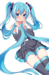 Rule 34 | 1girl, :&lt;, absurdres, bare shoulders, blouse, blue eyes, blue hair, blush, breasts, collared shirt, commentary, crossed bangs, detached sleeves, duplicate, eyes visible through hair, grey skirt, grey thighhighs, hair between eyes, hair ornament, hands up, hatsune miku, highres, long hair, long sleeves, looking at viewer, medium breasts, pixel-perfect duplicate, shinonome asu, shirt, simple background, sitting, skirt, solo, thighhighs, twintails, vocaloid, white background, white shirt, wide sleeves