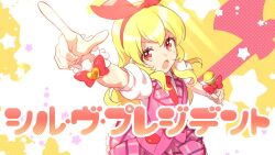 Rule 34 | 1girl, aikatsu!, aikatsu! (series), axe, blonde hair, bow, collared shirt, commentary request, foreshortening, hair bow, hairband, heart, holding, holding microphone, hoshimiya ichigo, idol clothes, index finger raised, long hair, looking at viewer, microphone, necktie, open mouth, parody, pink skirt, pink vest, pleated skirt, pointing, pointing at viewer, red bow, red eyes, red hairband, red necktie, s&#039;il vous president, shirt, short sleeves, skirt, solo, song name, star (symbol), taiyaki29, v-shaped eyebrows, vest, wrist cuffs