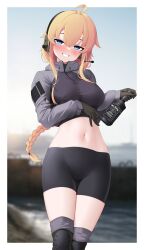 Rule 34 | 1girl, absurdres, ahoge, alcohol, black gloves, black shorts, blonde hair, blue eyes, bottle, braid, braided ponytail, breasts, clothes lift, crotch seam, gloves, grin, hair between eyes, headset, highres, holding, holding bottle, indie virtual youtuber, jacket, jacket lift, large breasts, lifting own clothes, long hair, long sleeves, looking at viewer, midriff, mole, mole under eye, navel, shorts, smile, solo, virtual youtuber, whiskey, whiskey project, z.taiga