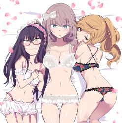 Rule 34 | 3girls, aqua eyes, ass, azu (azu401), bare shoulders, bespectacled, black hair, blush, bra, breasts, cleavage, closed mouth, collarbone, fingernails, from above, garter belt, glasses, grey hair, groin, hair ornament, highres, lace, lace-trimmed bra, lace-trimmed legwear, lace trim, large breasts, legs together, lingerie, long fingernails, long hair, looking at viewer, looking back, lying, madara-san, multiple girls, nail polish, navel, on back, on bed, on stomach, one eye closed, orange hair, panties, parted lips, petals, ponytail, red eyes, red nails, saki-chan (tejina senpai), short hair, small breasts, tejina senpai, tejina senpai (series), thigh gap, underwear, underwear only, white bra, yellow eyes