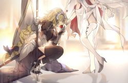 Rule 34 | 2girls, armor, armored boots, armored dress, blonde hair, blue dress, boots, bow, braid, capelet, chain, closed eyes, collar, dress, fate/apocrypha, fate/grand order, fate (series), faulds, flag, floor, flower, from side, fur trim, gauntlets, gloves, hair bow, head down, headpiece, high heel boots, high heels, holding, holding another&#039;s arm, holding flag, jeanne d&#039;arc (fate), jeanne d&#039;arc (ruler) (fate), lily (flower), long braid, long hair, marie antoinette (fate), marie antoinette (third ascension) (fate), multiple girls, no-kan, plackart, rose, single braid, squatting, standard bearer, thighhighs, thighs, very long hair, white dress, white gloves, white legwear